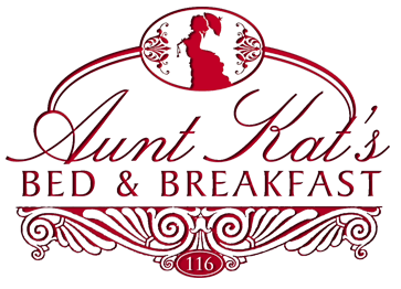Ornate, decorative logo with text: Aunt Kat's Bed & Breakfast 116
